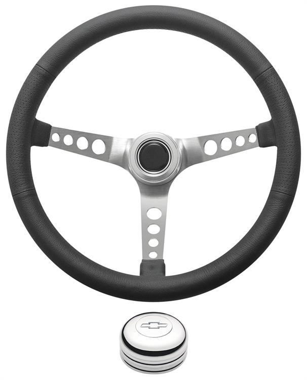 Steering Wheel Kit, 1969-88 Chevrolet, Retro w/Holes, Engraved Bowtie, Polished