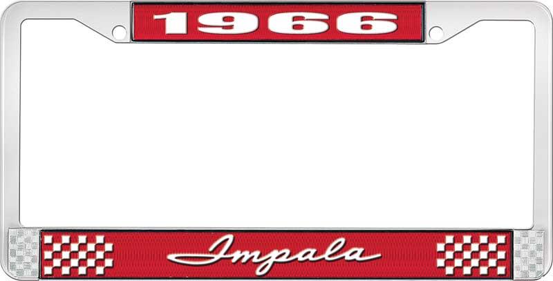 1966 IMPALA RED AND CHROME LICENSE PLATE FRAME WITH WHITE LETTERING