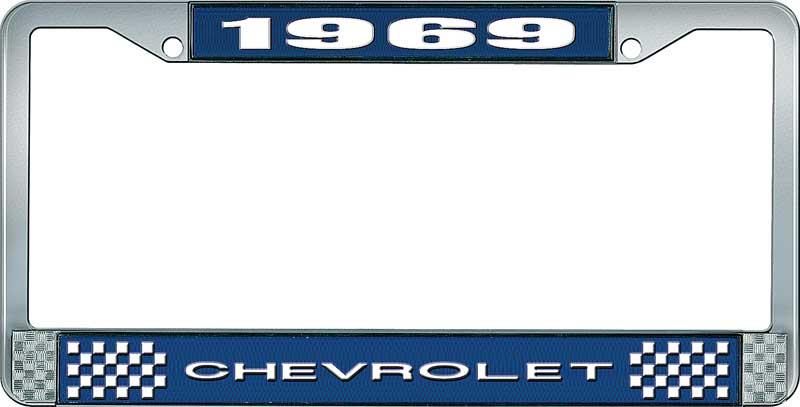 1969 CHEVROLET BLUE AND CHROME LICENSE PLATE FRAME WITH WHITE LETTERING