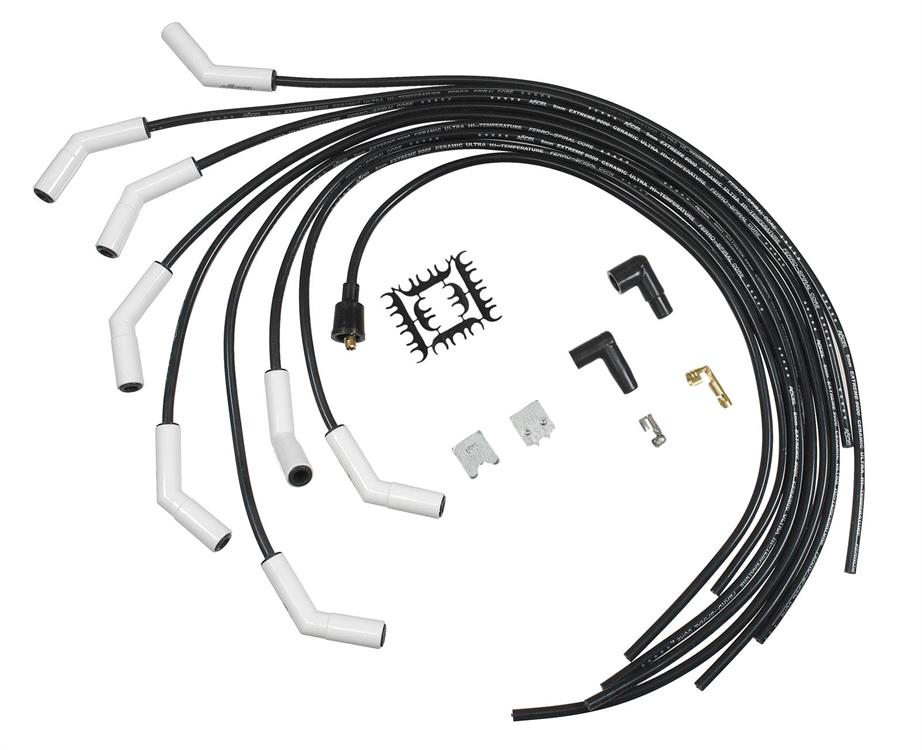 Spark Plug Wires, Extreme 9000 Ceramic, Spiral Core, 8mm, Black, White Ceramic 135 Degree Boots