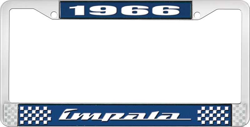 1966 IMPALA  BLUE AND CHROME LICENSE PLATE FRAME WITH WHITE LETTERING