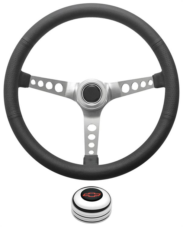 Steering Wheel Kit, 1967-68 Chevrolet, Retro w/Holes, Red Bowtie Cap, Polished