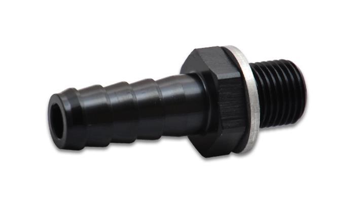 Fitting, Adapter, Straight, 14mm x 1 1/2 in. Male Threads to 3/8 in. Hose Quad Barb, Aluminum, Black Anodized, Each