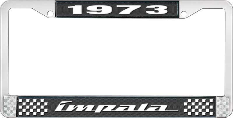 1973 IMPALA BLACK AND CHROME LICENSE PLATE FRAME WITH WHITE LETTERING
