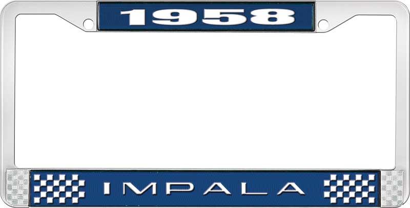 1958 IMPALA BLUE AND CHROME LICENSE PLATE FRAME WITH WHITE LETTERING