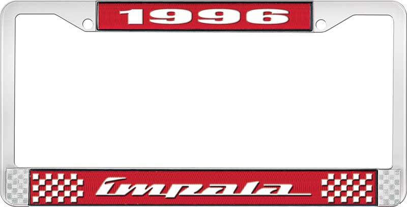 1996 IMPALA RED AND CHROME LICENSE PLATE FRAME WITH WHITE LETTERING