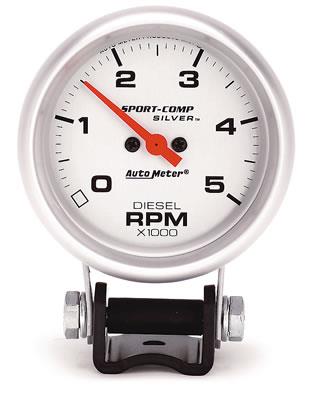 varvräknare 67mm 0-5,000RPM Sport-Comp silver diesel alla cylindertal