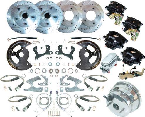 4 WHEEL POWER DISC BRAKE CONVERSION SET W/11" DRILLED/SLOTTED ROTORS & CHROME BOOSTER/MASTER