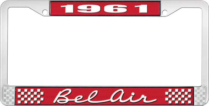 nummerplåtshållare, 1961 BEL AIR röd/krom , med vit text