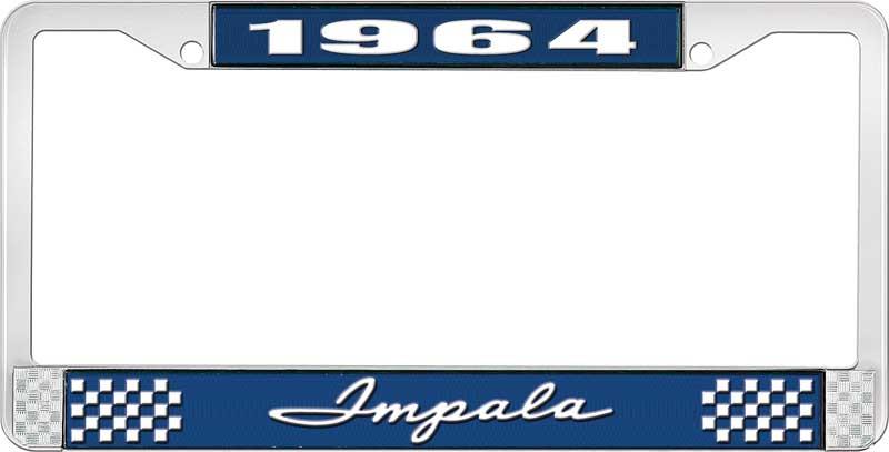 1964 IMPALA  BLUE AND CHROME LICENSE PLATE FRAME WITH WHITE LETTERING