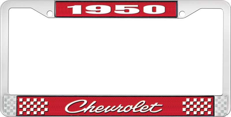 1950 CHEVROLET RED AND CHROME LICENSE PLATE FRAME WITH WHITE LETTERING