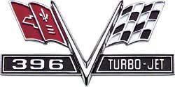 Emblem, Fender, Chrome/Red, 396 Turbo-Jet Logo, Chevy, Each