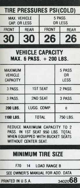 B-BODY 383/440 MODELS WITH F70 X 14 TIRE PRESSURE