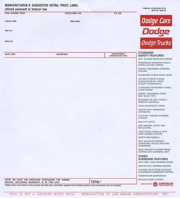 Dodge New Vehicle Price Label