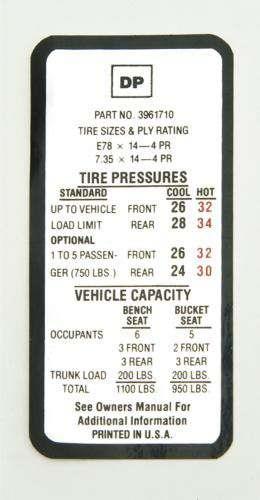 Tire Pressure Decal,1969