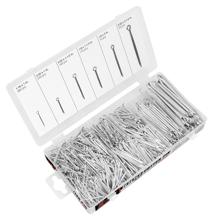 Cotter Pins, Cotter Pin Assortment, 1/16 in. to 5/32 in. Size Pins, 1.0 in. to 2.5 in. Lengths, Plastic Case, Clear, Set of 1,000