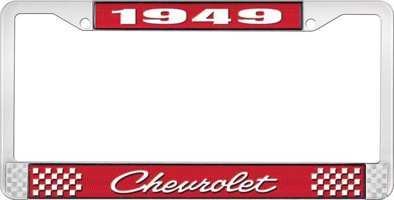 1949 CHEVROLET RED AND CHROME LICENSE PLATE FRAME WITH WHITE LETTERING