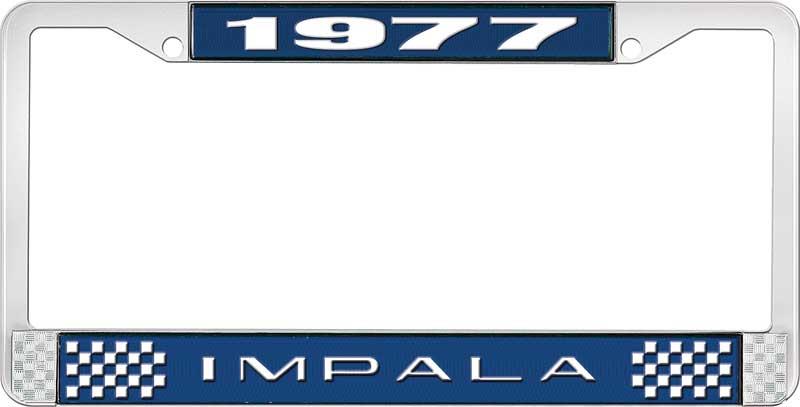 1977 IMPALA  BLUE AND CHROME LICENSE PLATE FRAME WITH WHITE LETTERING