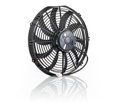 Electric Fan, Qualifier, Single, 12 in. Diameter, Pusher, 1,630 cfm, Curved Blade, Black, Plastic