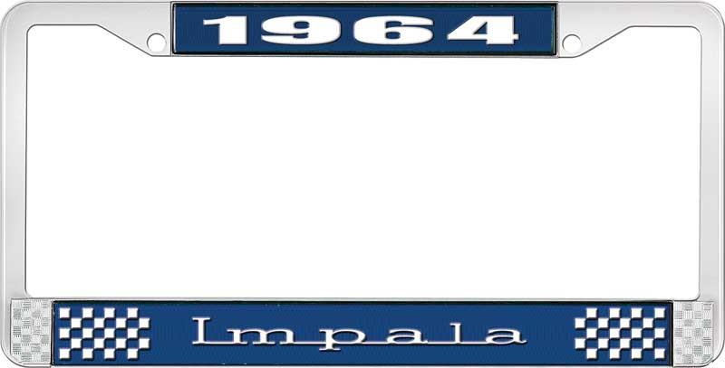 1964 IMPALA  BLUE AND CHROME LICENSE PLATE FRAME WITH WHITE LETTERING