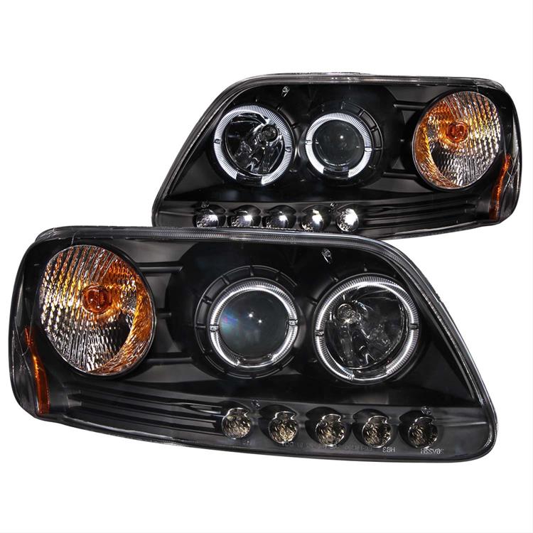 Headlight Assemblies, Projector with Halo, Clear Lens, Black Housing, Ford, Set