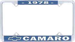 License Plate Frame, Steel, Chrome/Blue, 1978 Camaro Logo, Each