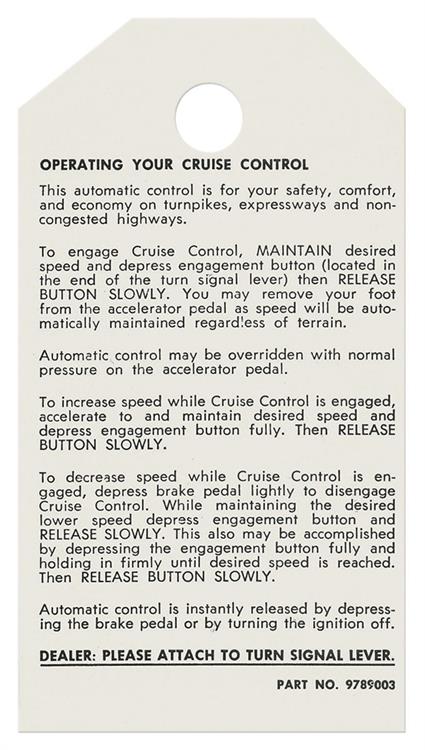 Tag, 75-77 Bonneville Catalina Grand Prix, Cruise Control Instruction 