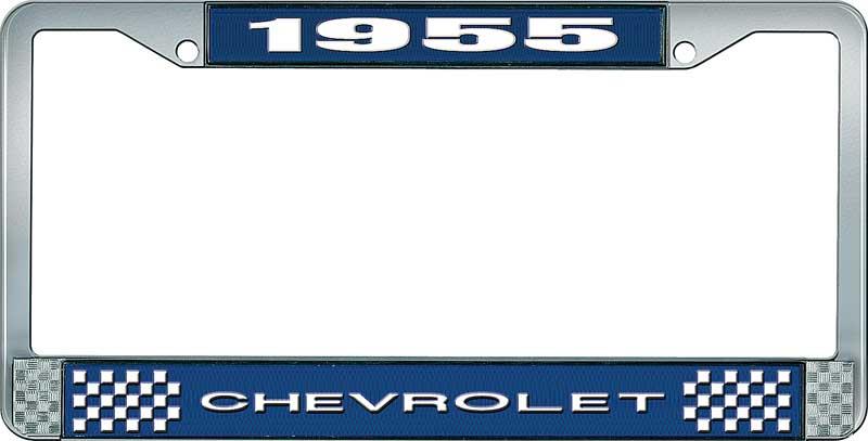 1955 CHEVROLET BLUE AND CHROME LICENSE PLATE FRAME WITH WHITE LETTERING