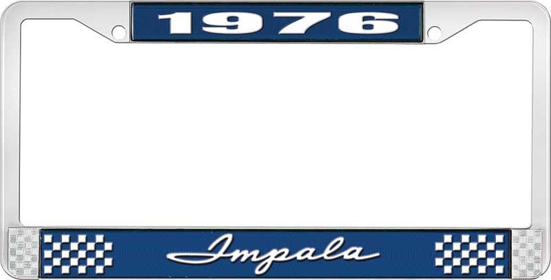 1976 IMPALA  BLUE AND CHROME LICENSE PLATE FRAME WITH WHITE LETTERING