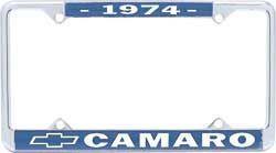 License Plate Frame, Steel, Chrome/Blue, 1974 Camaro Logo, Each