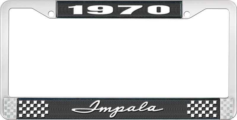 1970 IMPALA BLACK AND CHROME LICENSE PLATE FRAME WITH WHITE LETTERING