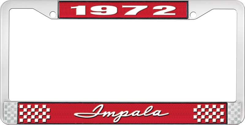 1972 IMPALA RED AND CHROME LICENSE PLATE FRAME WITH WHITE LETTERING