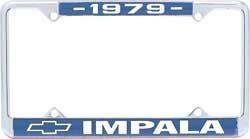 License Plate Frame, Steel, Chrome/Blue, 1979 Impala Logo, Each