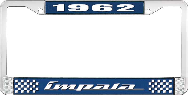 1962 IMPALA  BLUE AND CHROME LICENSE PLATE FRAME WITH WHITE LETTERING