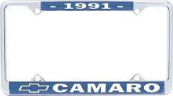 License Plate Frame, Steel, Chrome/Blue, 1991 Camaro Logo, Each