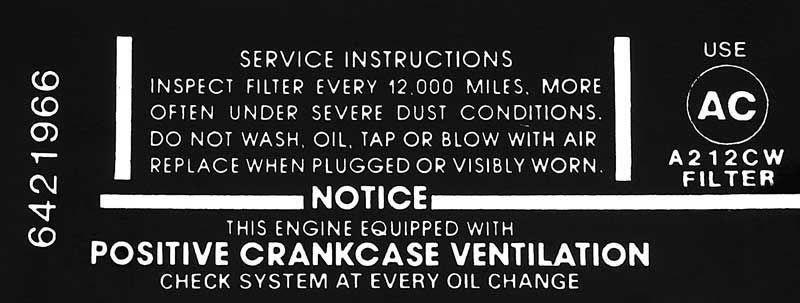 AIR CLEANER SERVICE INSTRUCTIONS DECAL 327/275hp