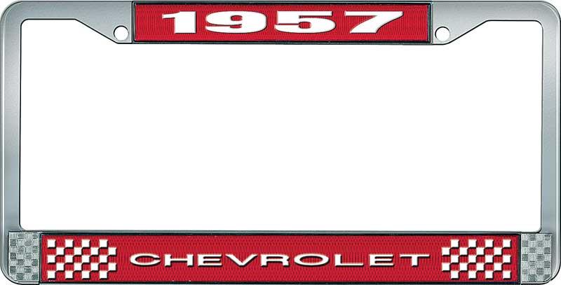 1957 CHEVROLET RED AND CHROME LICENSE PLATE FRAME WITH WHITE LETTERING