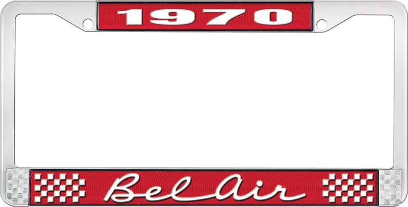 1970 BEL AIR RED AND CHROME LICENSE PLATE FRAME WITH WHITE LETTERING