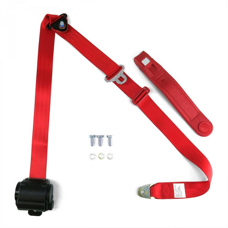 Seat Belts, 3-Point Retractable Push Button Buckle Lap Belts, Shoulder and Lap Belt Type, Red, Front or Rear, Each