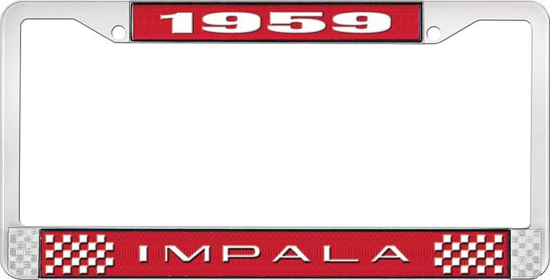 1959 IMPALA RED AND CHROME LICENSE PLATE FRAME WITH WHITE LETTERING
