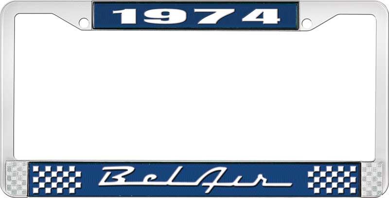 nummerplåtshållare, 1974 BEL AIR  blå/krom, med vit text