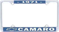 License Plate Frame, Die-Cast, Chrome/Blue, 1971 Camaro Logo, Each