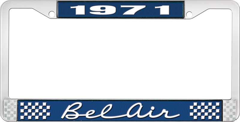 nummerplåtshållare, 1971 BEL AIR  blå/krom, med vit text