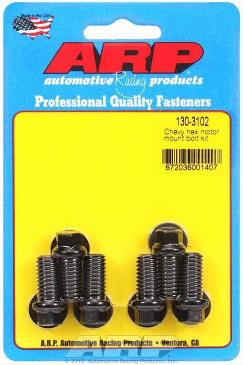 Motor Mount Bolts, Black Oxide, Hex, Mount to Block, Chevy, Small, Big Block, Set of 6