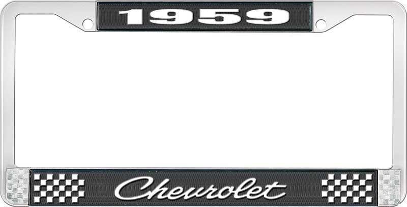 1959 CHEVROLET BLACK AND CHROME LICENSE PLATE FRAME WITH WHITE LETTERING