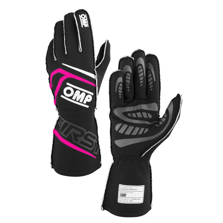 racinghandskar, FIRST, FIA 8856-2018, MY2025 svart / fuchsia Stl. XL