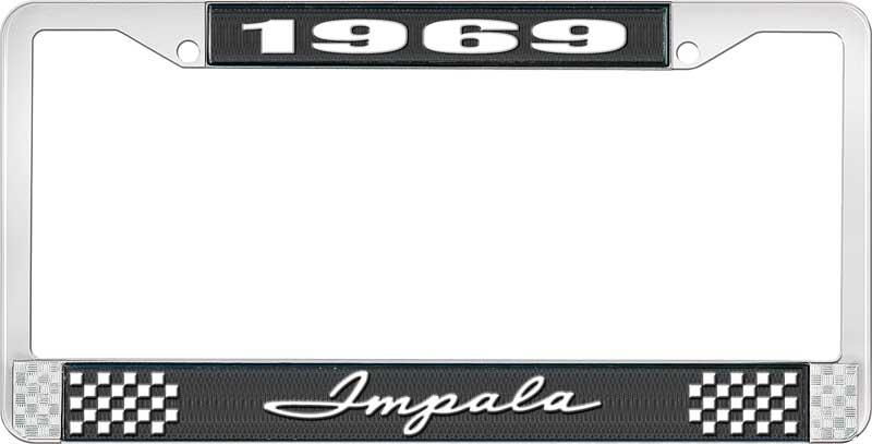 1969 IMPALA BLACK AND CHROME LICENSE PLATE FRAME WITH WHITE LETTERING