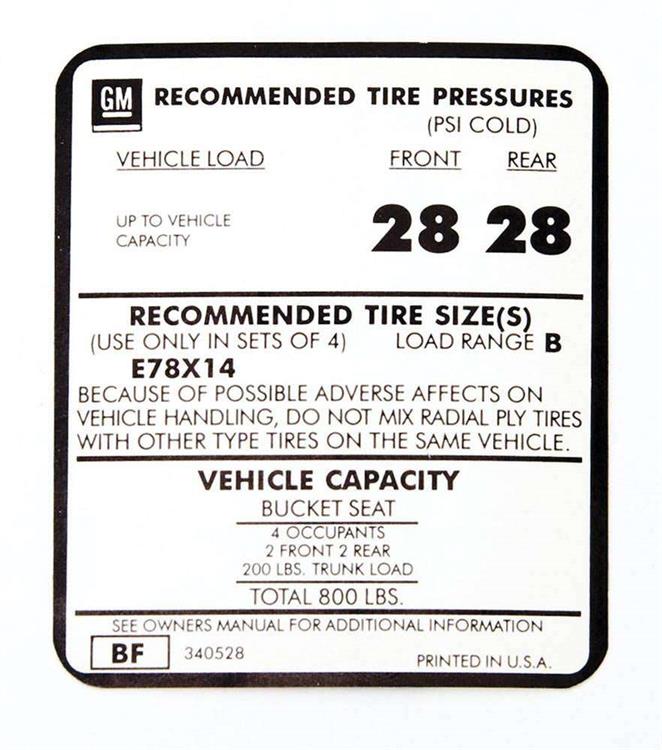 Tire Pressure Decal,74-76