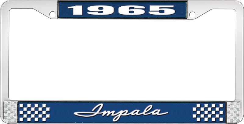 1965 IMPALA  BLUE AND CHROME LICENSE PLATE FRAME WITH WHITE LETTERING