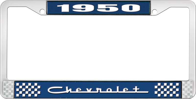 1950 CHEVROLET BLUE AND CHROME LICENSE PLATE FRAME WITH WHITE LETTERING